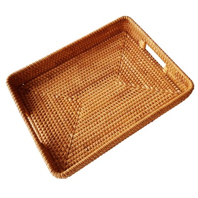 15 Inch Large Size Handwoven Serving Tray Decorative Rectangular Rattan Basket B
