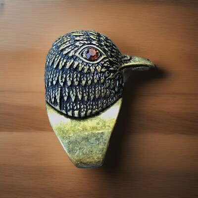 SPARROW Ring Womens Size 8 Gold Bronze Chunky Etched Bird Head Rhinestone Eyes