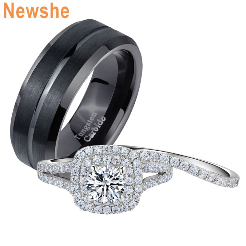 Newshe Wedding Rings Set For Him And Her Women Men Tungsten Bands Aaaa Cz Black