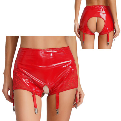 CHICTRY Damen Shorts Booty Lackleder Slips mit Strumpfhalter Unterwäsche Dessous