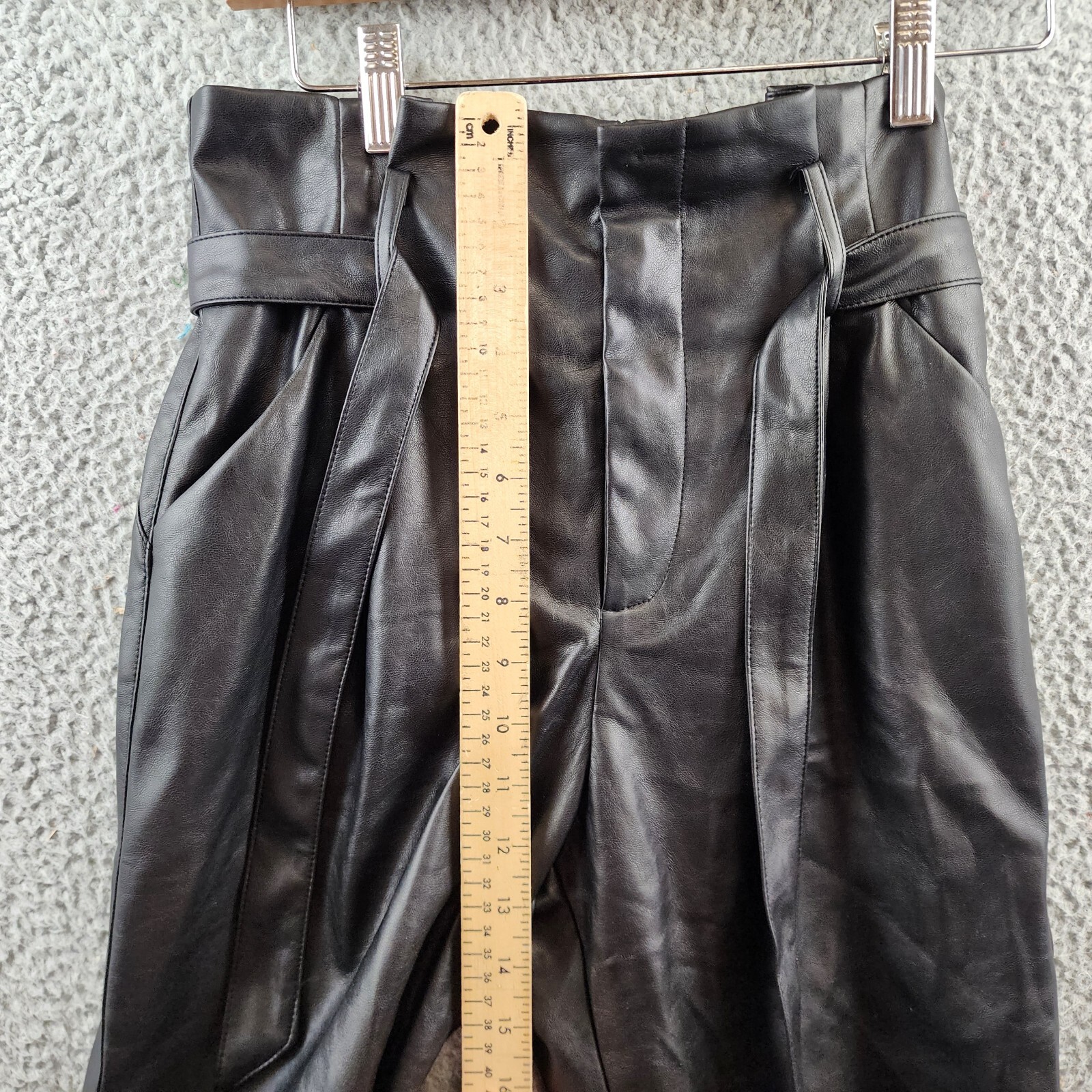 Lucy Paris Faux Leather Paperbag-Waist Pants Women's S Black Zip Fly Belt Loop - Picture 6 of 15