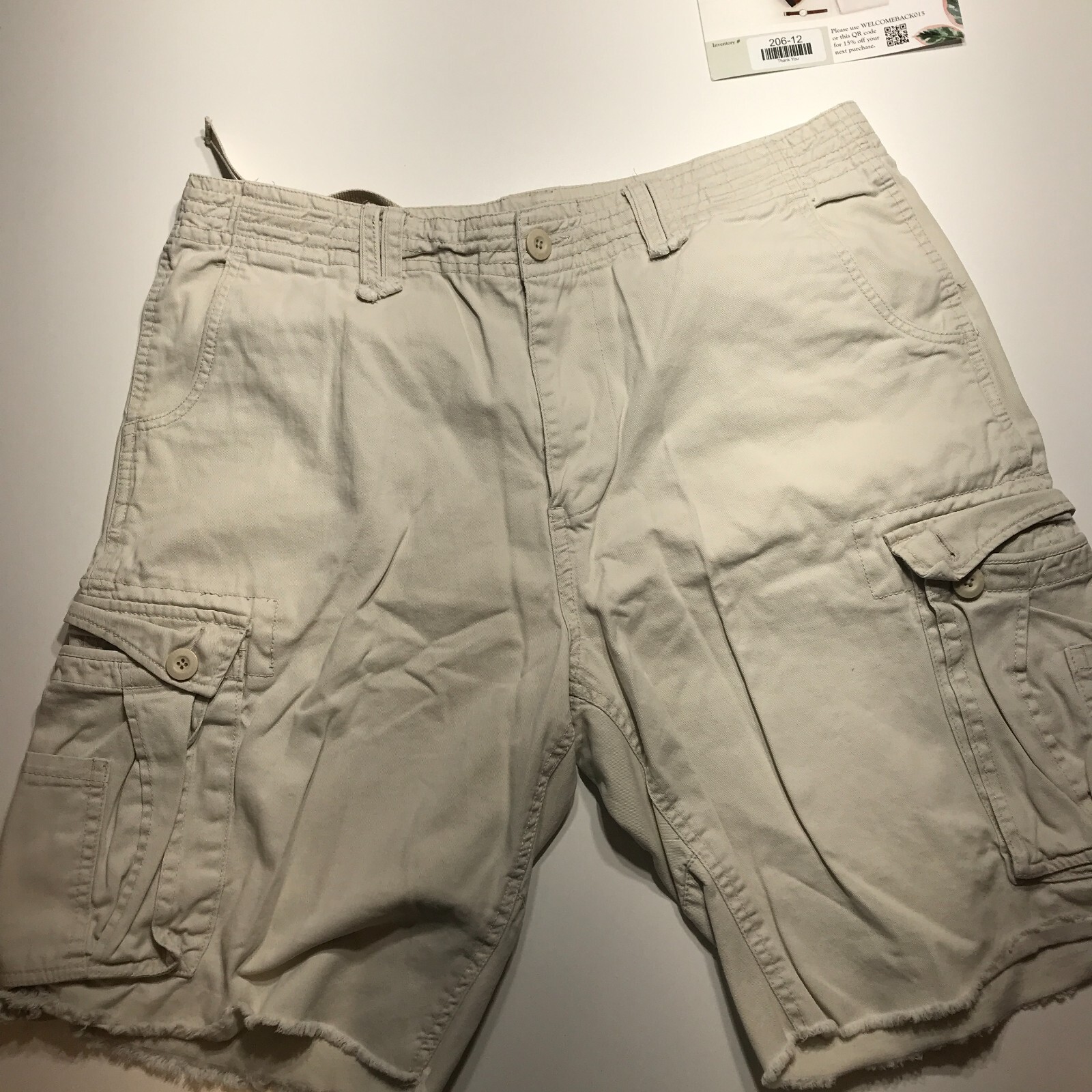 【DEARMINE】Omaha Bermuda Pants Get Lucky Shorts Mens W38 Tan Raw Hems Cargo Internal Draw
