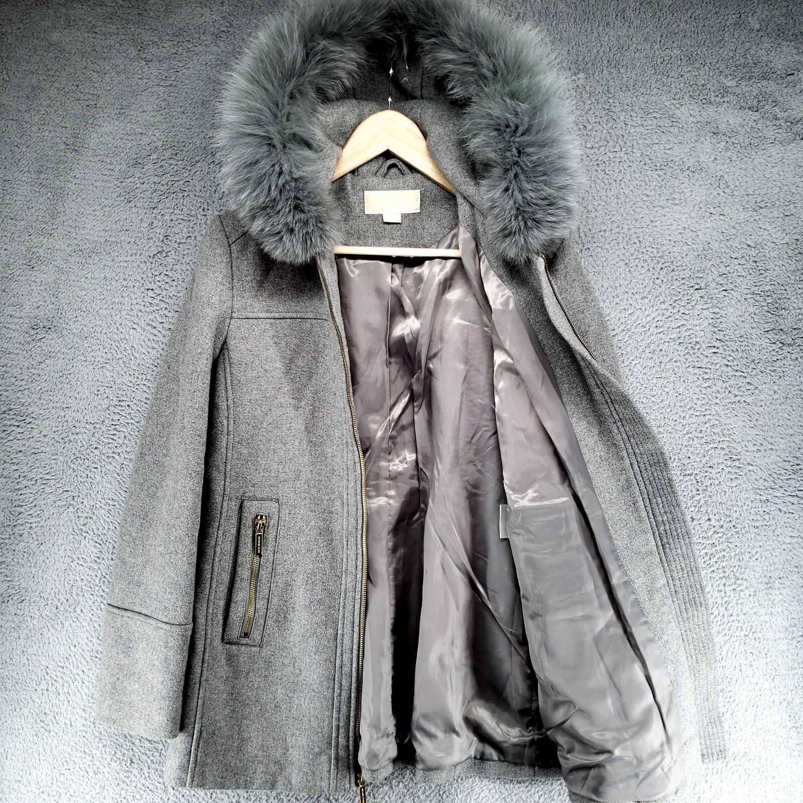 Michael Kors Women's Size 4 Gray Faux Fur-Trim Hooded Wool
