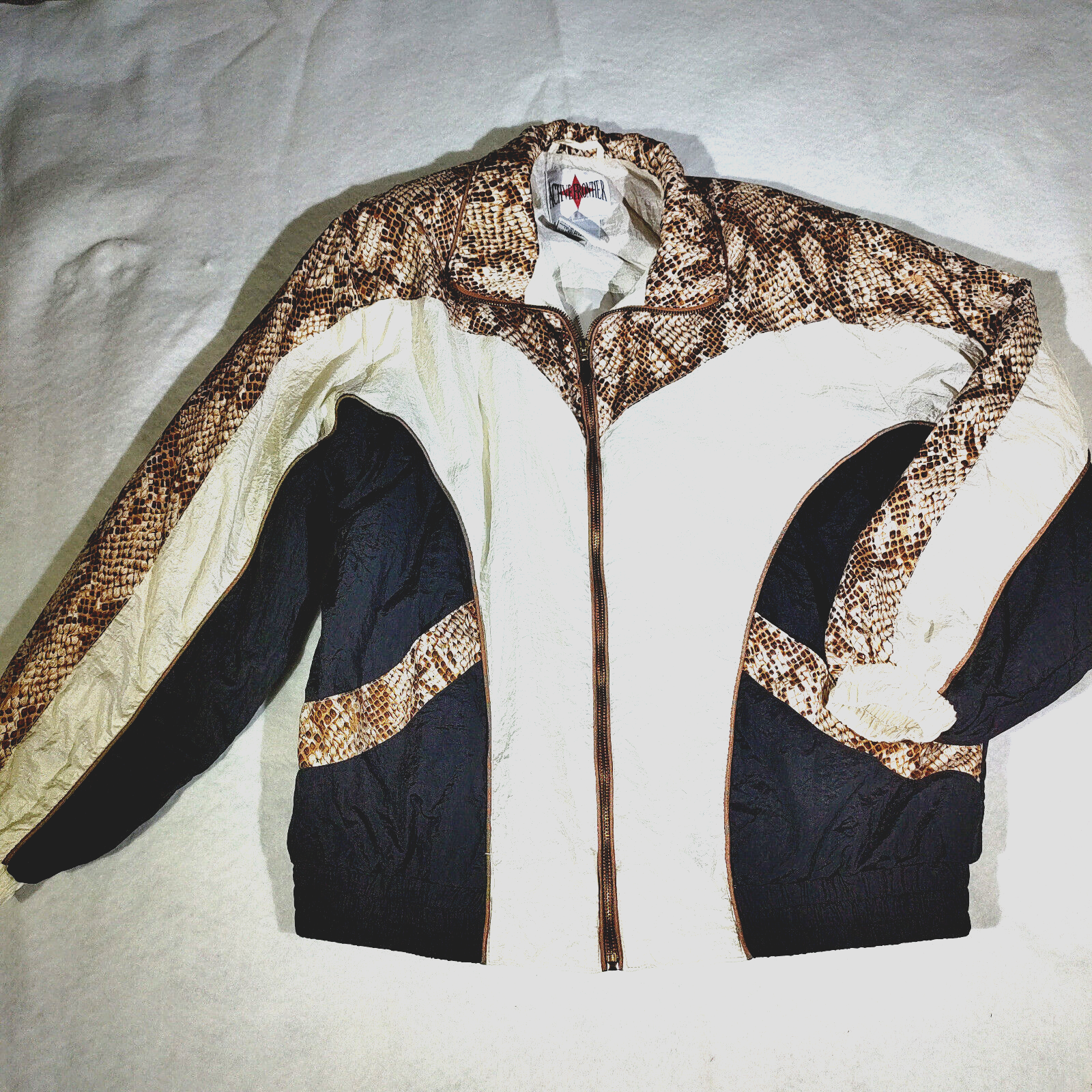 Snakeskin Print White/Black Nylon Zip Jacket Sz M (see