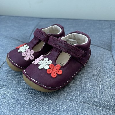 Clarks Baby Shoes Size 2G  Purple Floral Girl First Shoes Leather