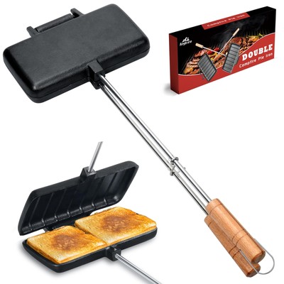 Double Pie Iron for Camping Cast Iron, Pre-seasoned Cast Iron Campfire Sandwich