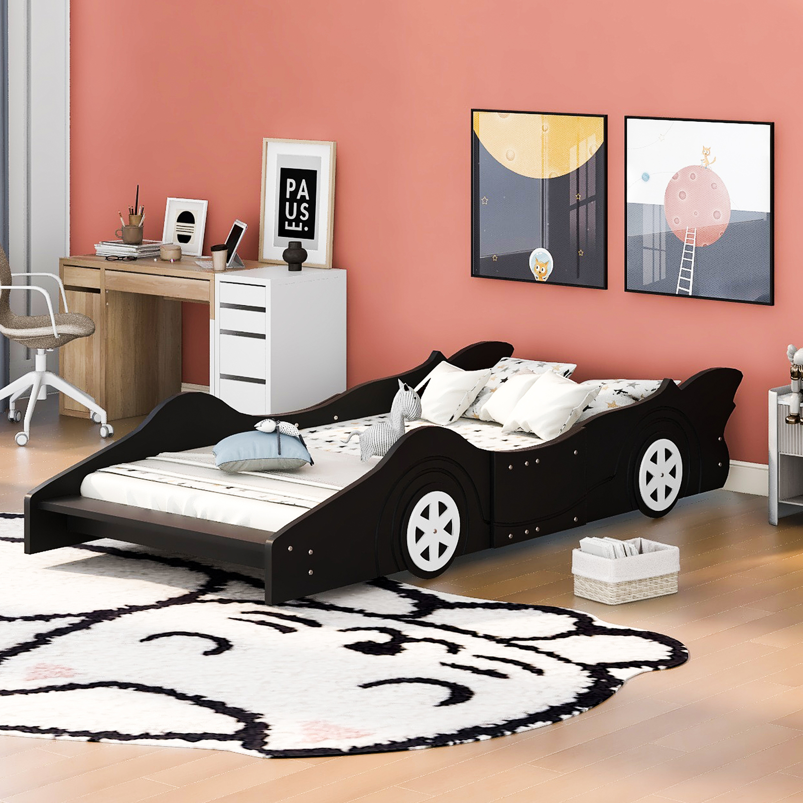 Wood Race Car-shaped Platform Bed With Wheels Red For Kids