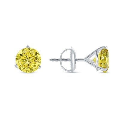 Pre-owned Shine Brite With A Diamond 4 Ct Round Canary Earrings Studs Solid Real 14k White Gold Screw Back Martini