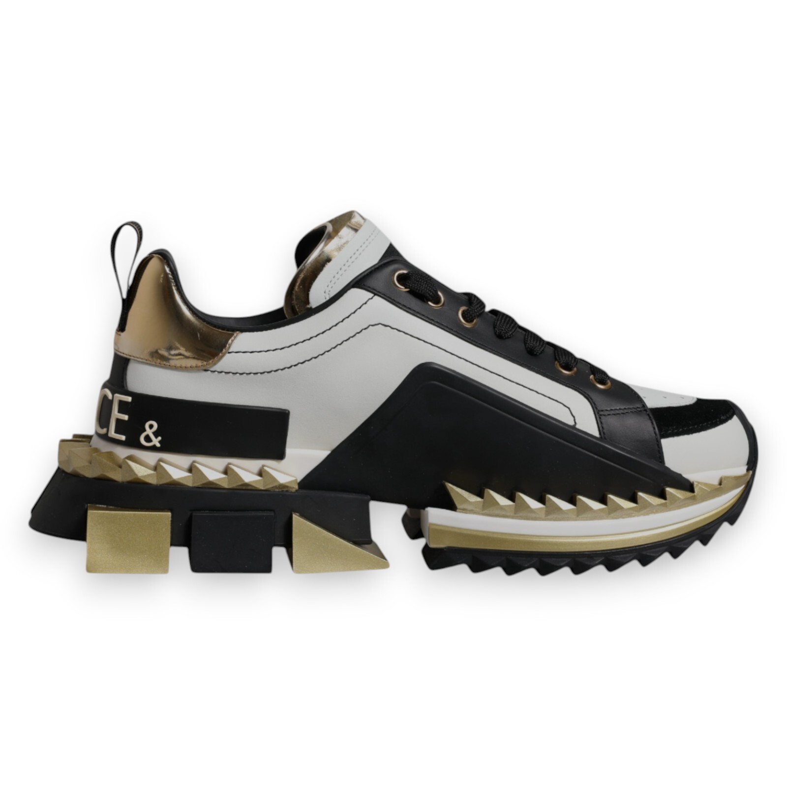 DOLCE & GABBANA Shoes White Gold Black Leather SUPER KING Sneakers