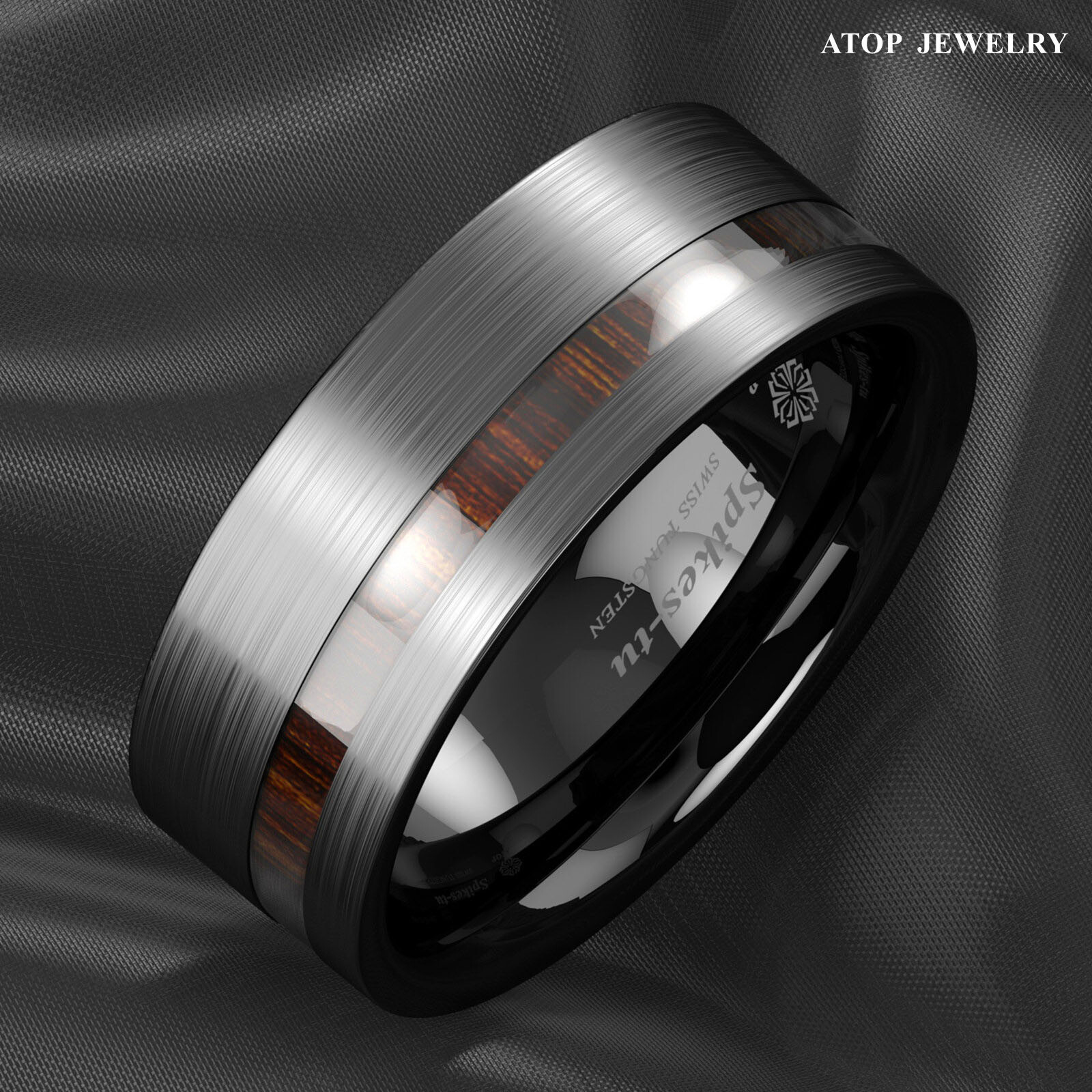 8mm Black Brushed Tungsten Carbide Ring Off Center Koa Wood ATOP Wedding Band