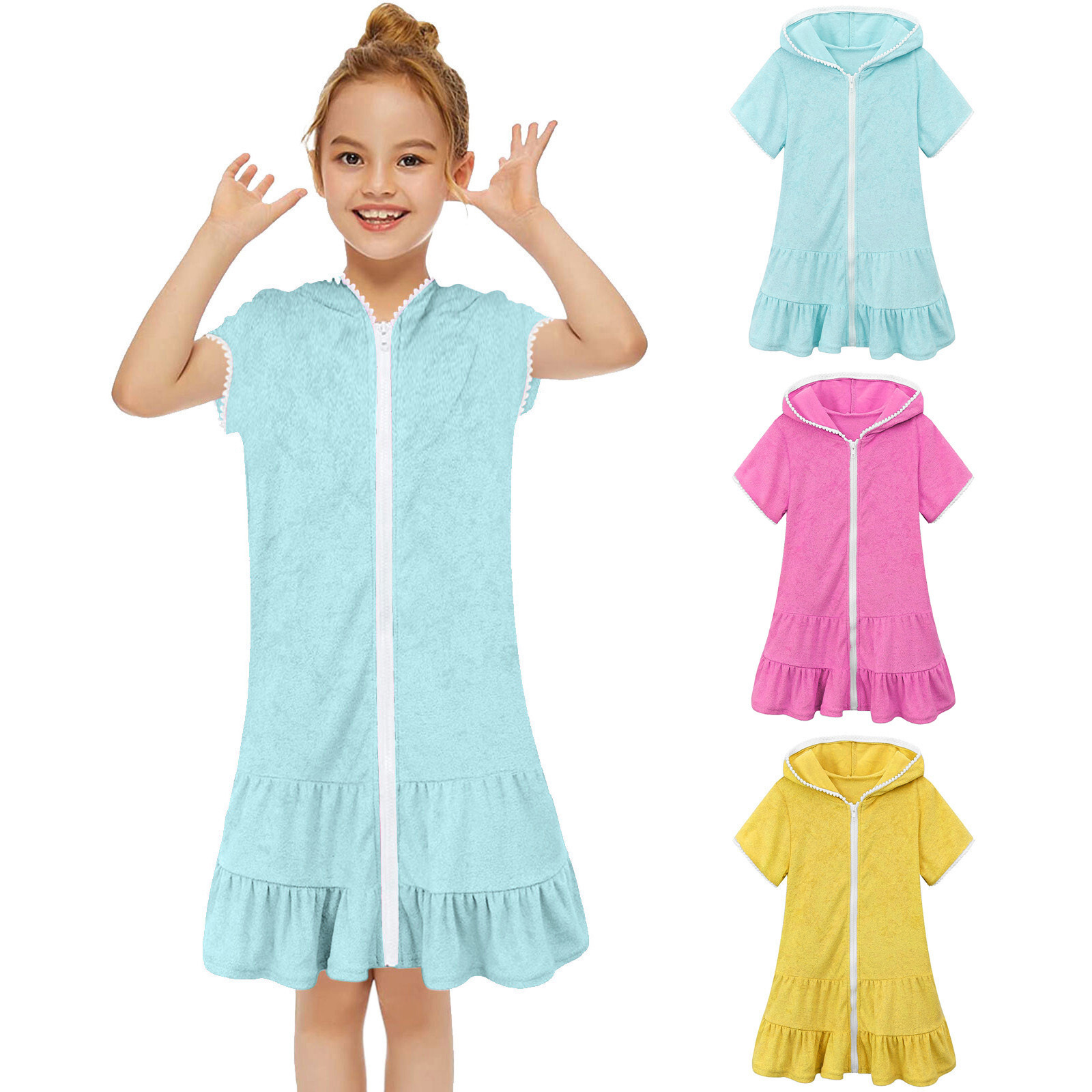Girls Swim Cover Up Kids Swimsuit Zip Beach Bathing Suit Hooded Dress Bathrobe.