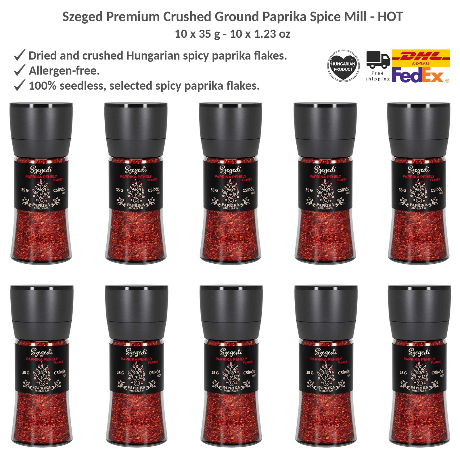 Hungarian Szeged Crushed Ground Spicy Paprika Spice Mill - HOT - Molnar 35gx10