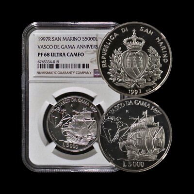 SAN MARINO. 1997, 5000 Lire, Silver - NGC PF68 - Great Navigators, Vasco da Gama