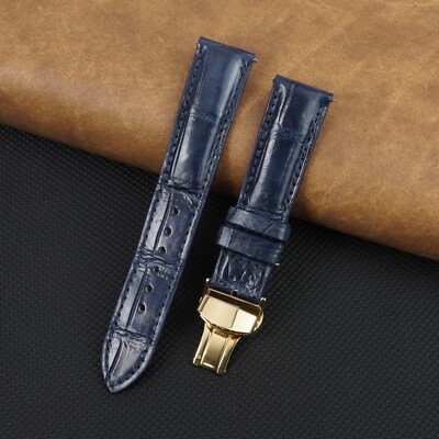 21mm Blue Leather Watch Band Gold Deployment Buckle Real Crocodile Watch Strap