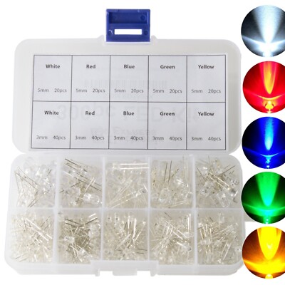 300 Piece Clear Lens LEDs, 3mm & 5mm, Colors: White, Red, Blue, Green, Yellow