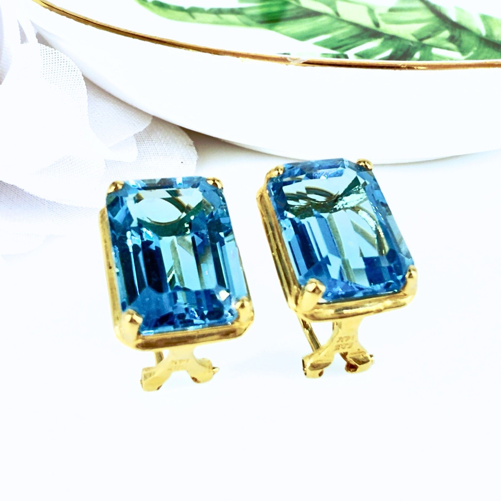 14k Yellow Gold Swiss Blue Topaz Omega Back Earrings, Preowned - Picture 1 of 12