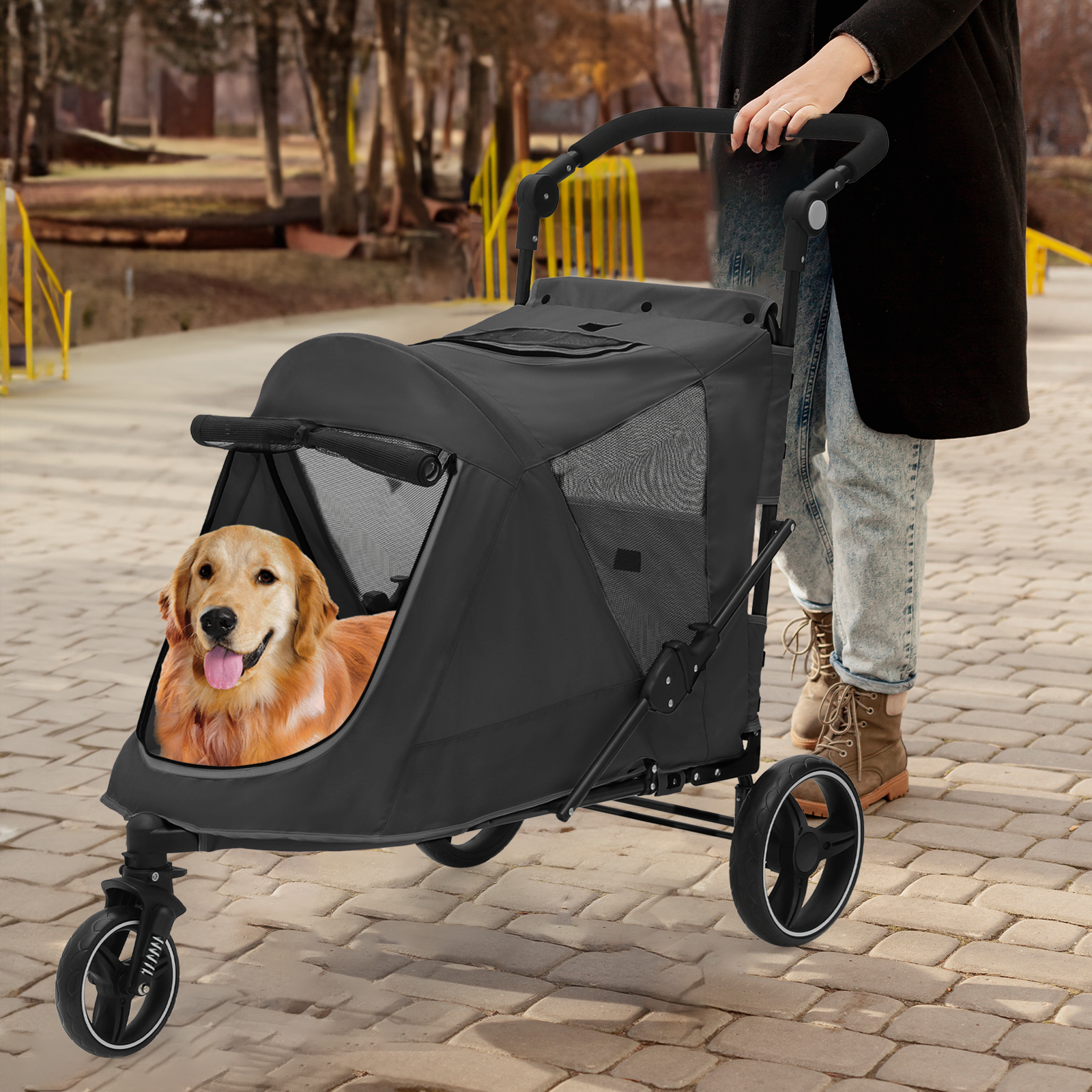 Folding 3-Wheel Dog Stroller Breathable Pet Travel Carrier w/Skylight+Wheel Lock