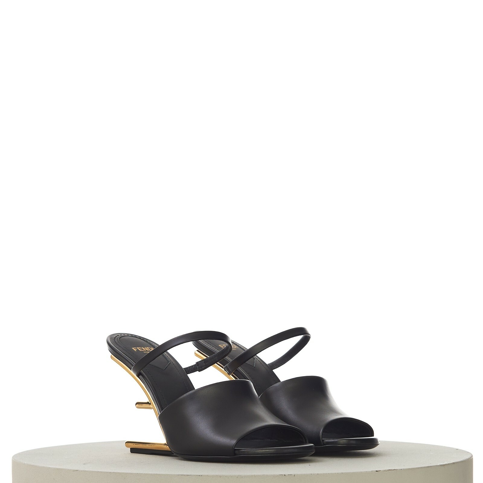 Pre-owned Fendi First 1390$ Black Leather High Heel Sandal, F-shaped Gold Metal Heel