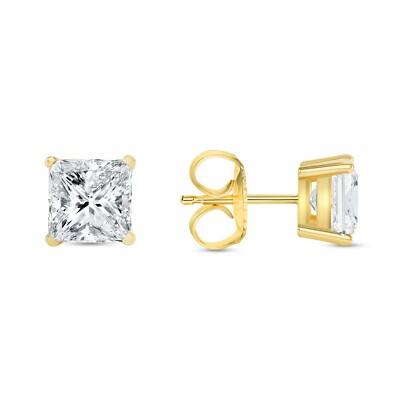 Pre-owned Shine Brite With A Diamond 4 Ct Princess Cut Earrings Studs Real Solid 14k Yellow Gold Push Back Basket In White/colorless