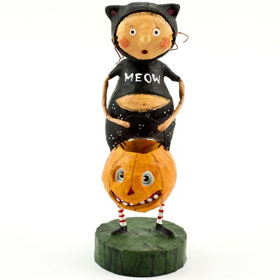 Lori Mitchell Fraidy Cat Halloween Folk Art Figure Figurine Black Pumpkin