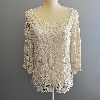 NWT Adiva Cream Lace Blouse Floral w/ Tank Top Womens Size Large