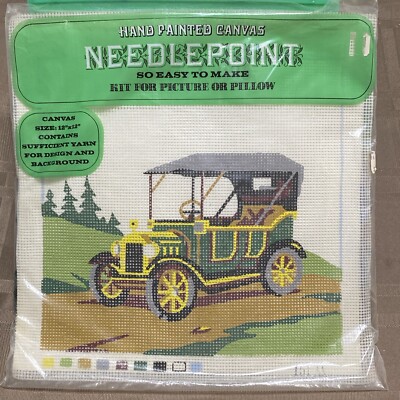 Vtg Hand Painted Canvas Needlepoint Kit Antique Car Kugel Vogart