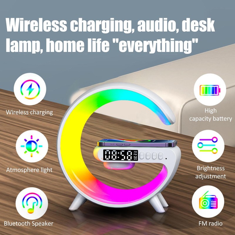 Smart LED Desk Night Light Bluetooth Speaker Wireless Charger RGB Alarm Clock