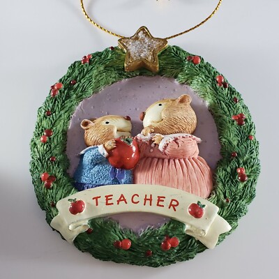 Vintage 1996 signed  Nina Aube Hallmark Ceramic Wreath TEACHER Mice Apple 