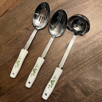 Set of 3 Corelle Callaway Green Leaves Ivy Slotted Spoon, Solid Spoon, Ladle