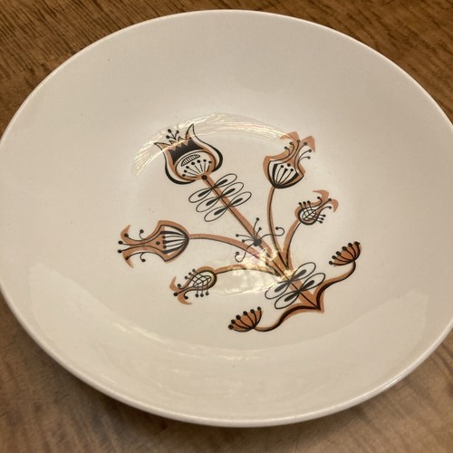 Retro Mid Century Round Serving Bowl 9 " Gold Black Leaf Flower Tree