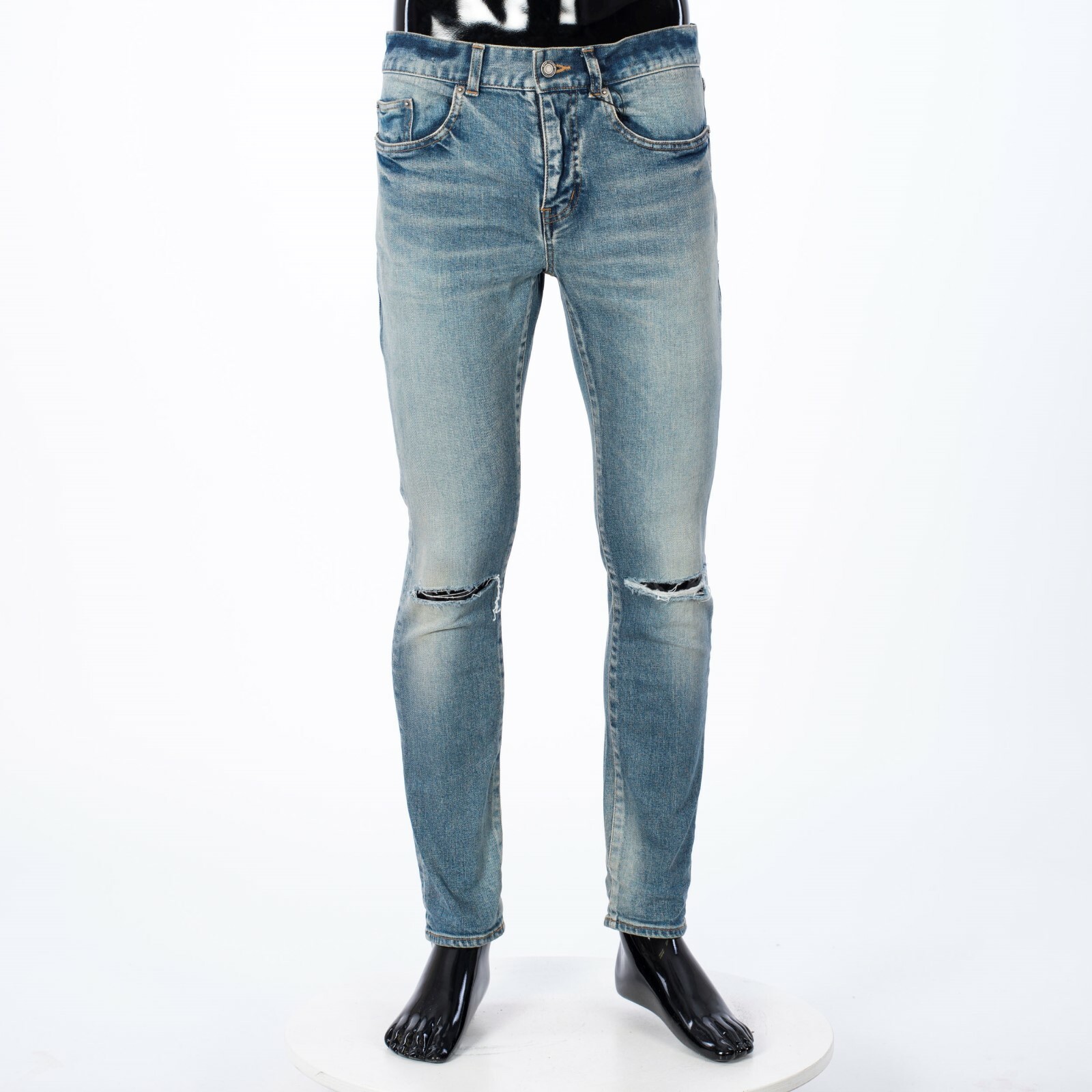 Pre-owned Saint Laurent 790$ Mid Rise Skinny Jeans - Distressed - Blue Stretch Denim