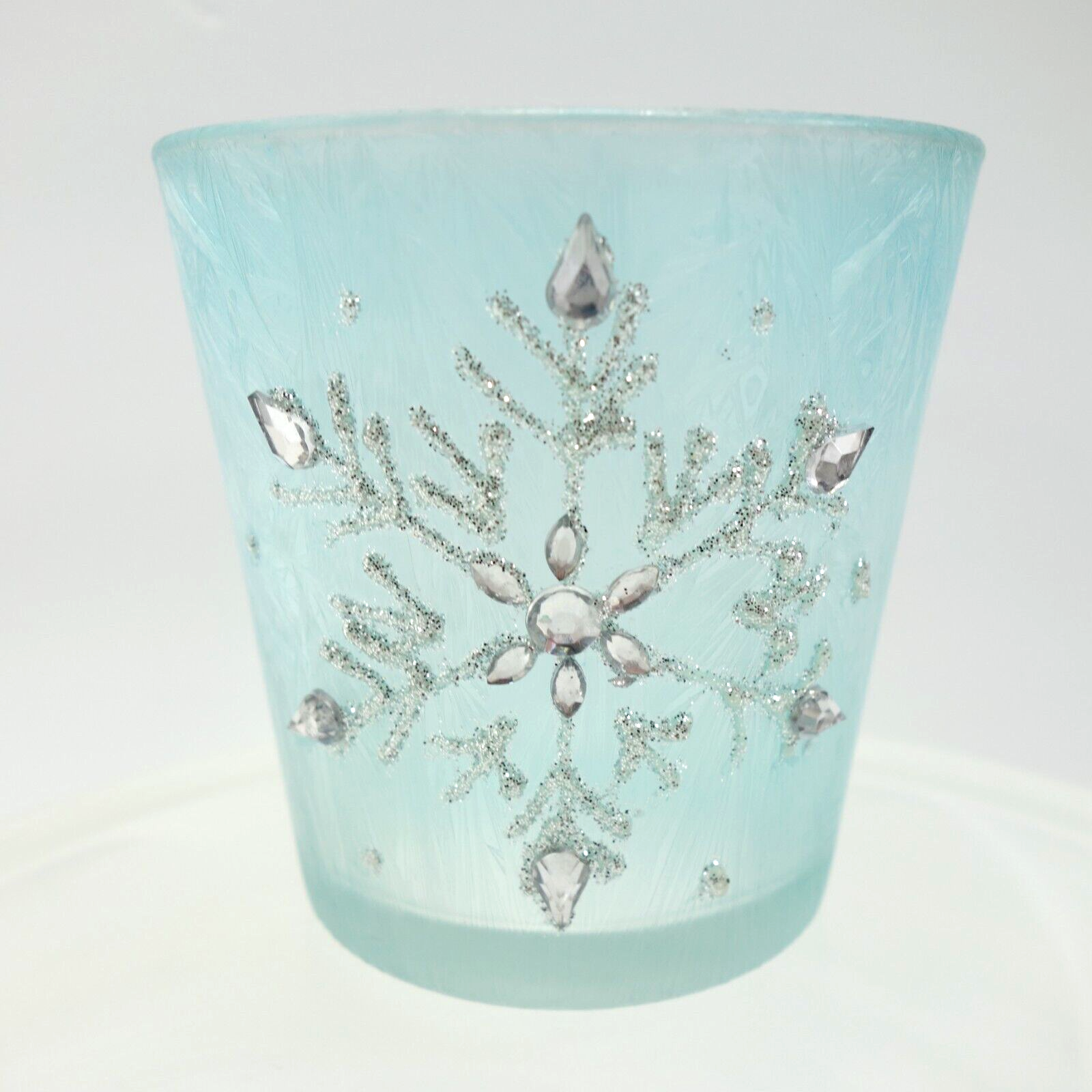 Christmas Candle Holder Votive Blue Teal Glass Snowflake Rhinestones Luminary