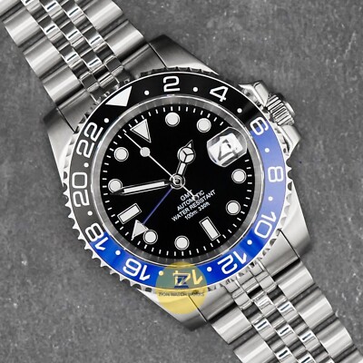Custom Made 40mm Black & Blue Sub GMT Style Mod Watch Jubilee w/ NH34 Movement