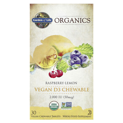 Organics, Vegan D3, Raspberry-Lemon, 50 mcg (2,000 IU), 30 Vegan Chewable