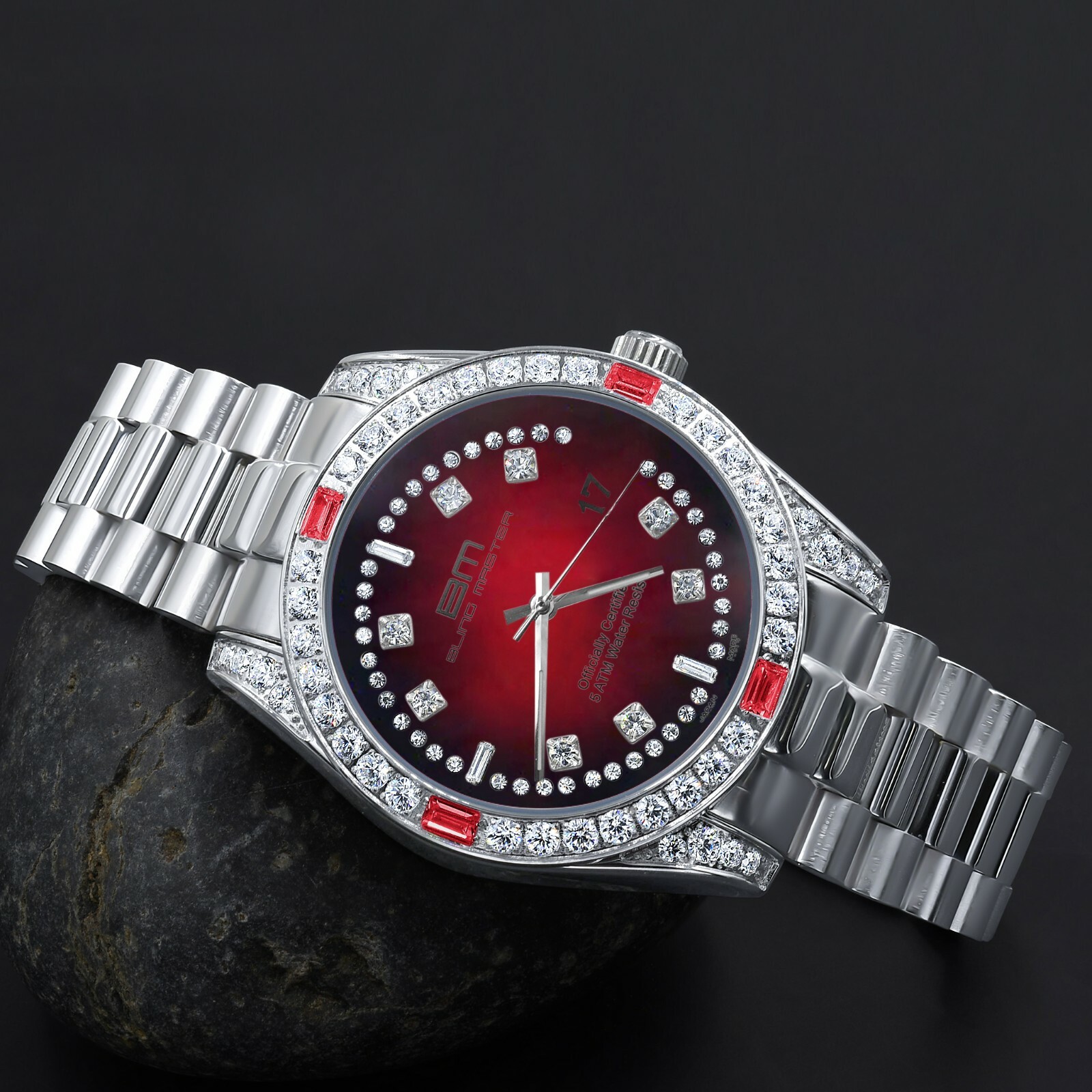Pre-owned Bling Master - Majesty Solid Steel 18k White Gold Red Dial Simulated Diamond Mens President Watch 40mm