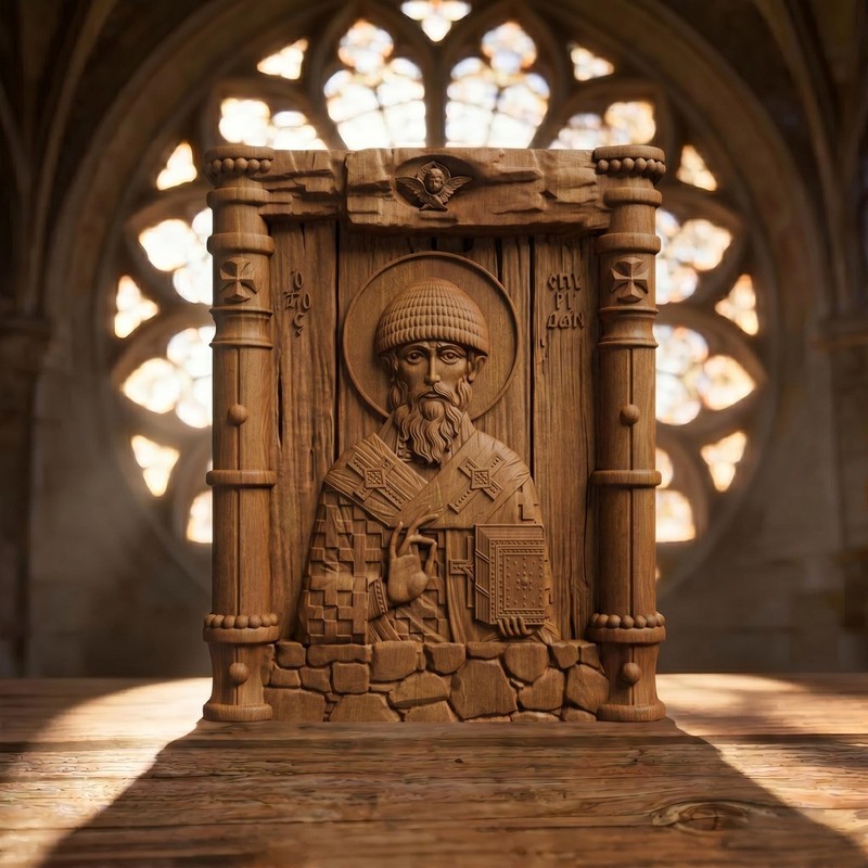 Saint Spyridon Patron Saint of Farmers Wooden Carved Handmade Christian Icon