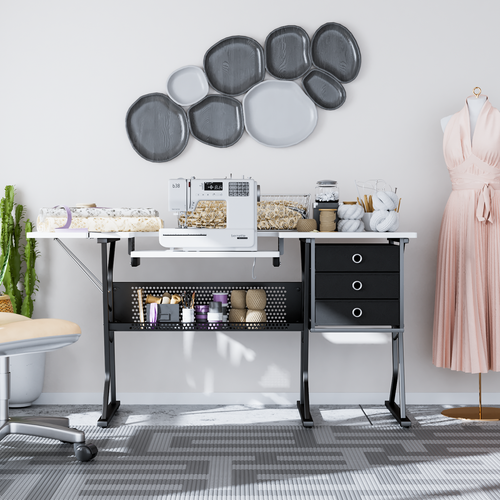 Folding Sewing Machine Table Adjustable Height Art Craft White w/Drawer Storage