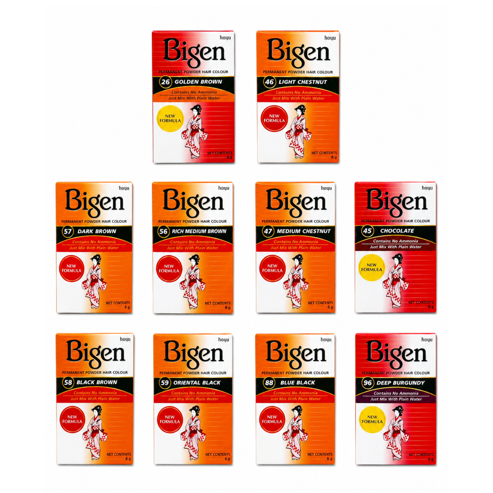 Bigen Permanent Powder Hair Colour Dye Ammonia Free 6g – Pack of 10