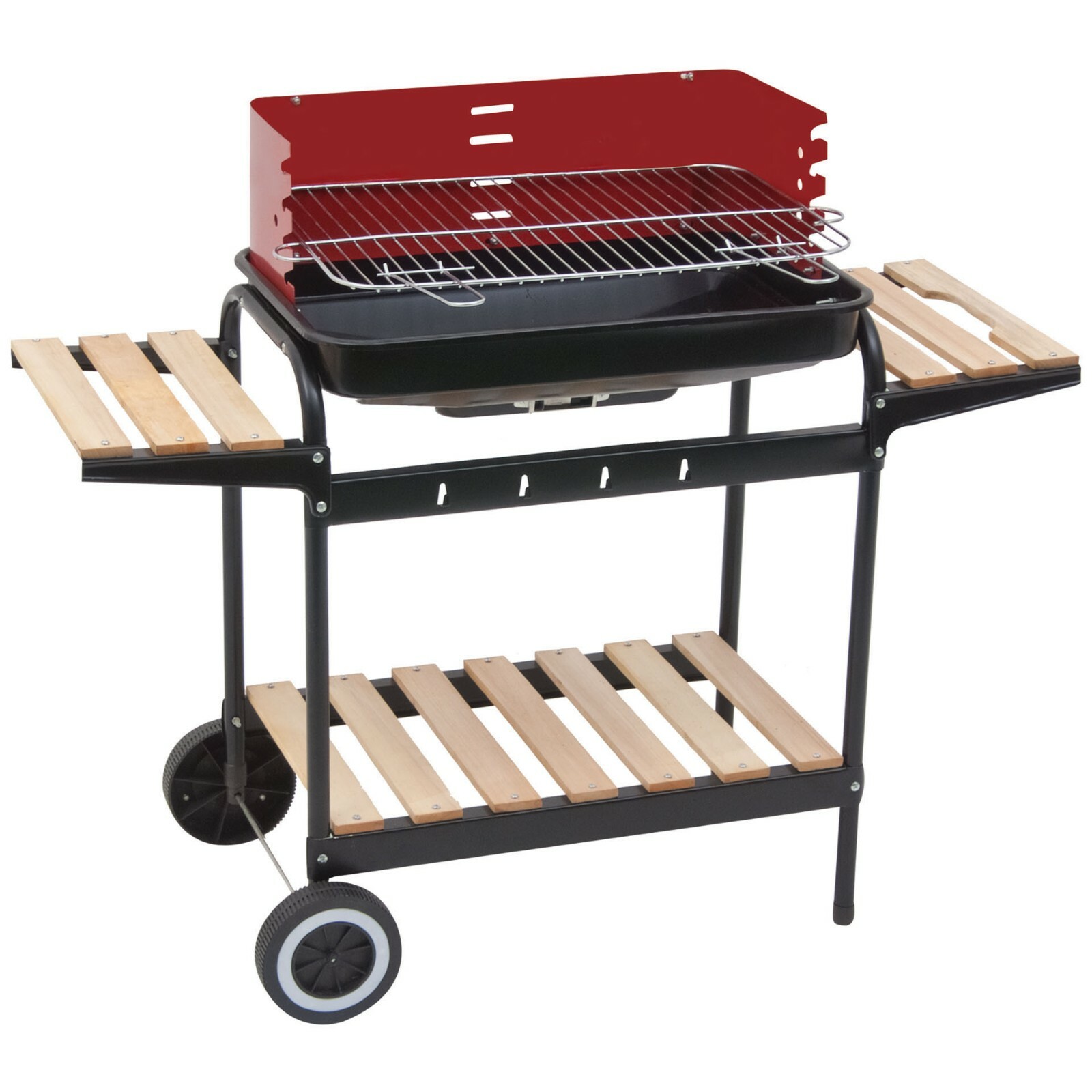 Barbecue A Carbonella Con Griglia Acciaio Ripiani Legno Due Ruote 105x45x85 dfh
