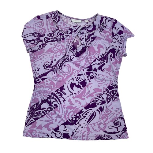 New York & Company Womens Purple S/S Damask Print Blouse Cutout Neck Sz S