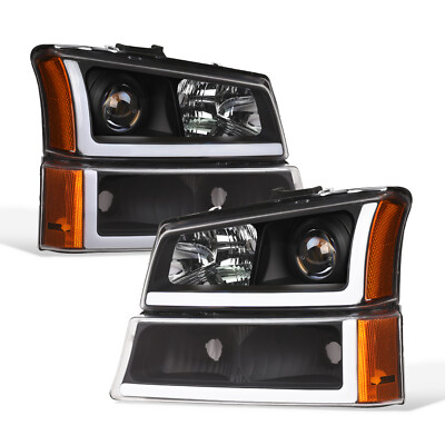 Topline For 2003-2006 Silverado LED Strip Projector Headlights+Bumper Amber Blk