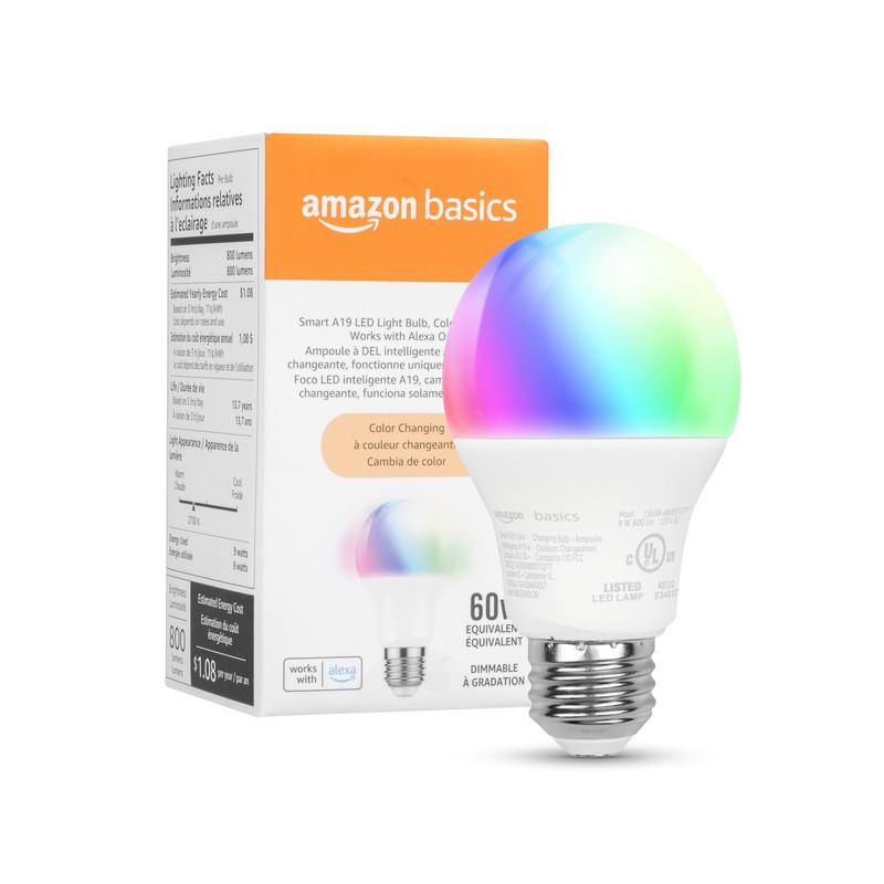Amazon Basics Smart A19 LED Light Bulb, Color Changing, 9W/60W,