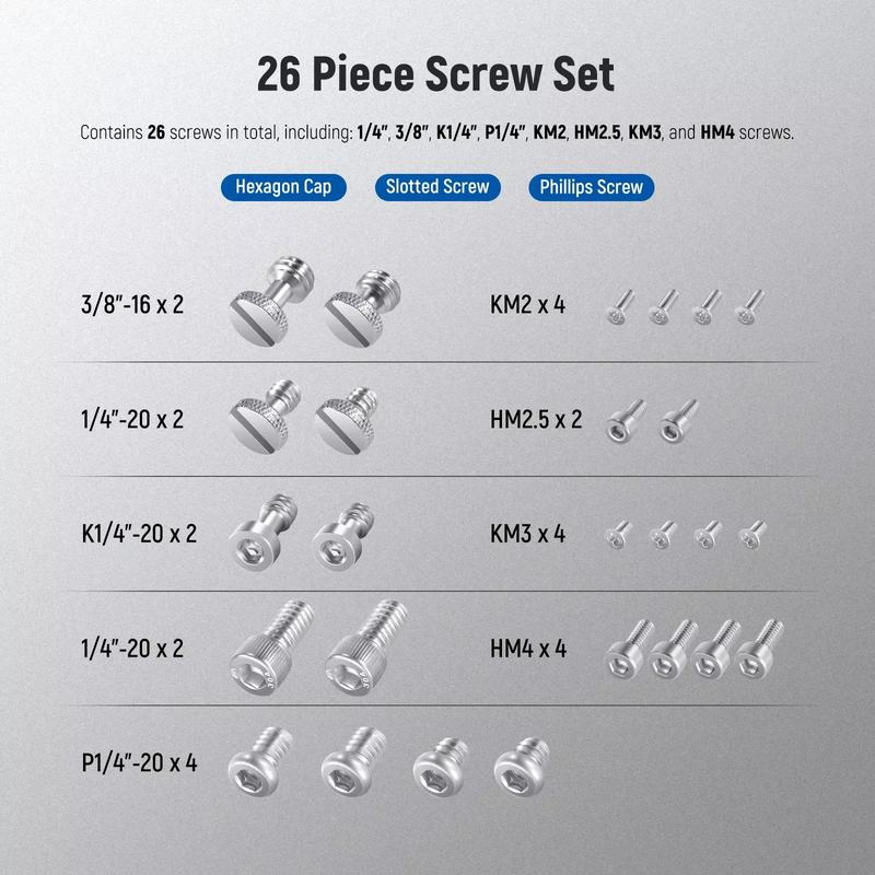 26PCS Camera Screw Set for Photography Equipment Includes 1/4" 3/8" M2 M2.5 M3 A