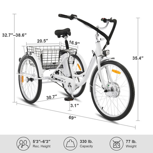 VIRIBUS 350W 26" Adult Electric Tricycle 36V 3 Wheel Bike Trike Cruiser Basket