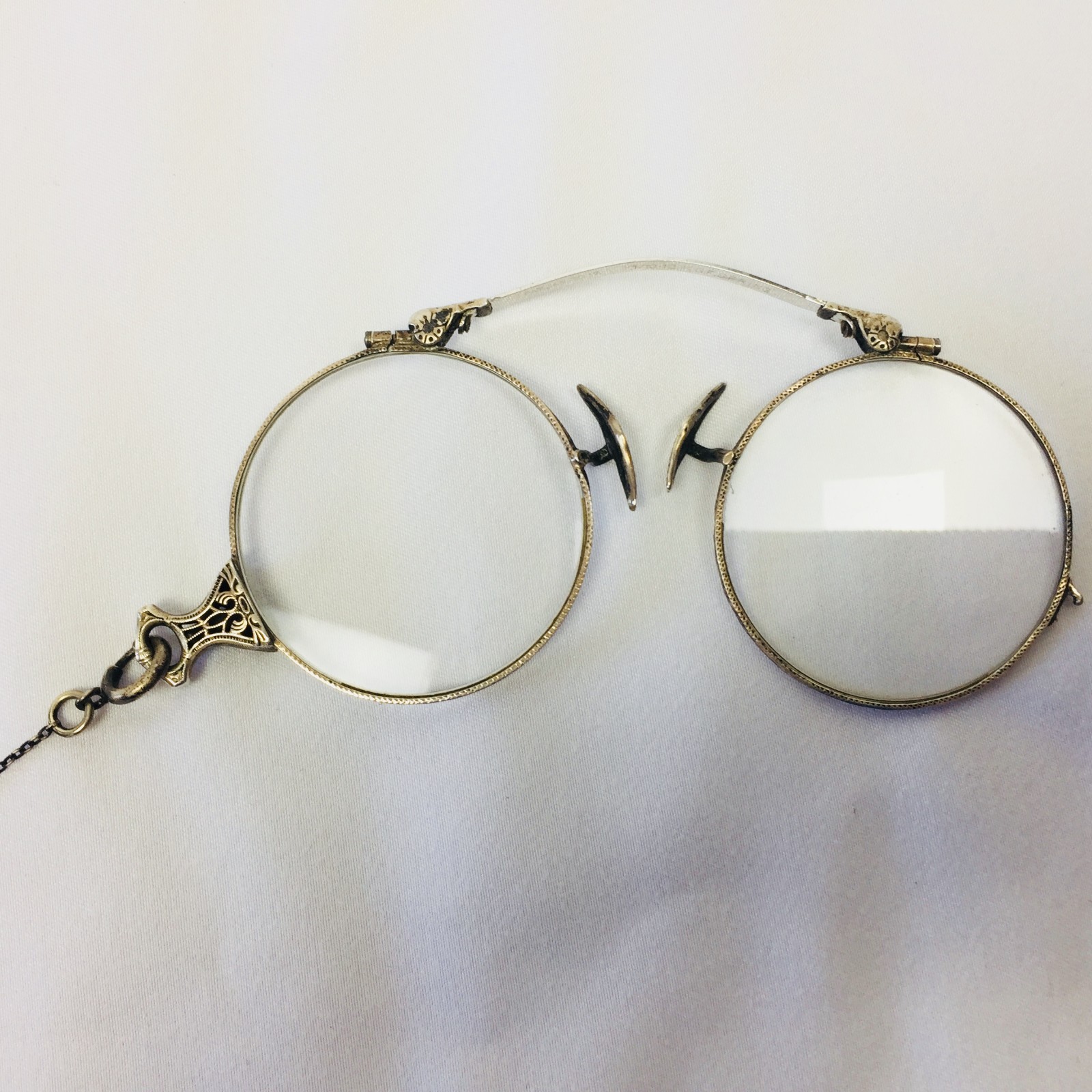 Antique Pince-Nez Eyeglasses Folding, Sterling, Case & Chain