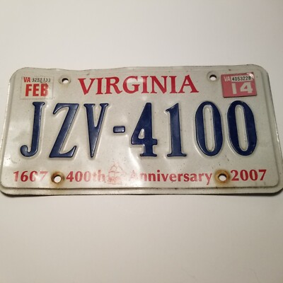 2007 VIRGINIA  License Plate 400th anniversary JZV-4100  Man Cave Collectable 