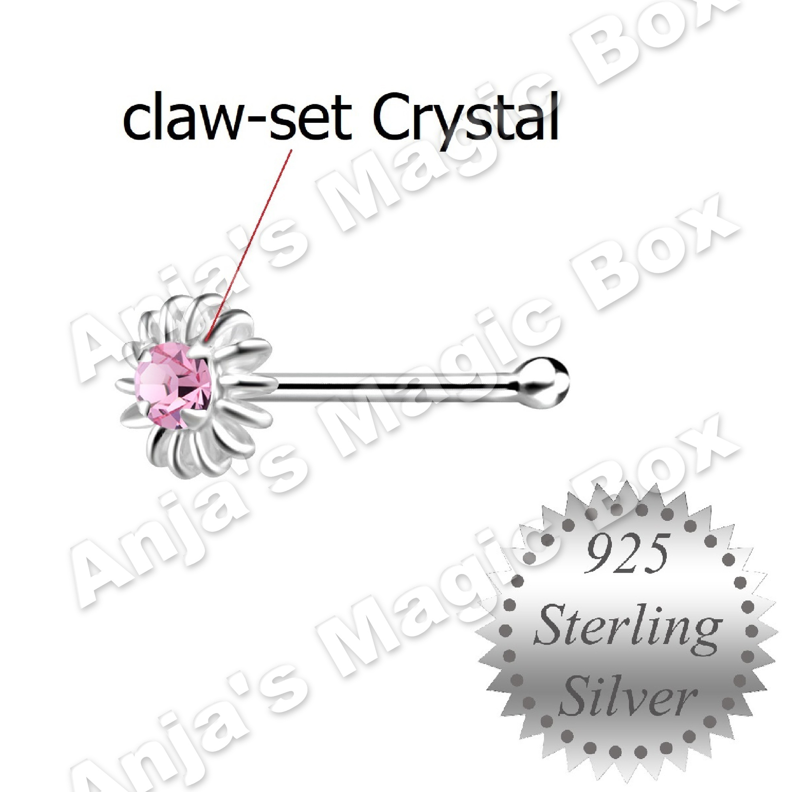 Claw-Set Crystal * Light Pink Flower Nose Stud * short Pin * Sterling Silver