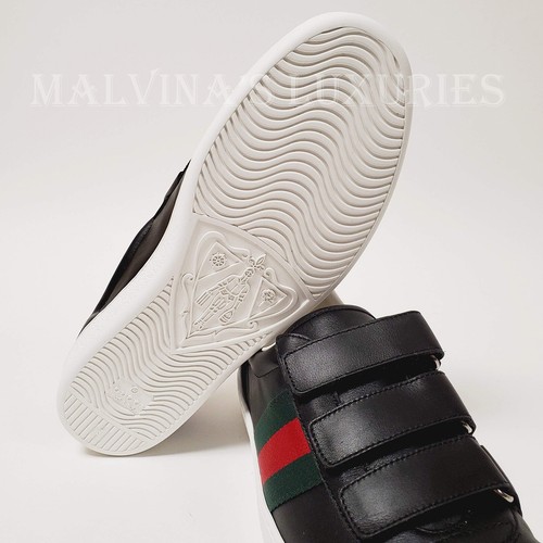 Pre-owned Gucci Sneakers Mens Web Ace Straps Logo Heel Black Leather Shoes Sz 8g 8.5