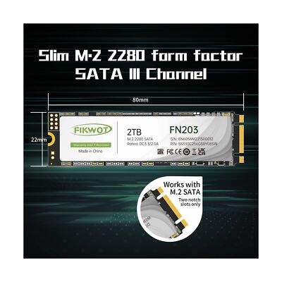 FN203 M.2 SATA SSD - SLC Cache 3D NAND TLC SATA III 6Gb/s M.2 2280 NGFF Inter...