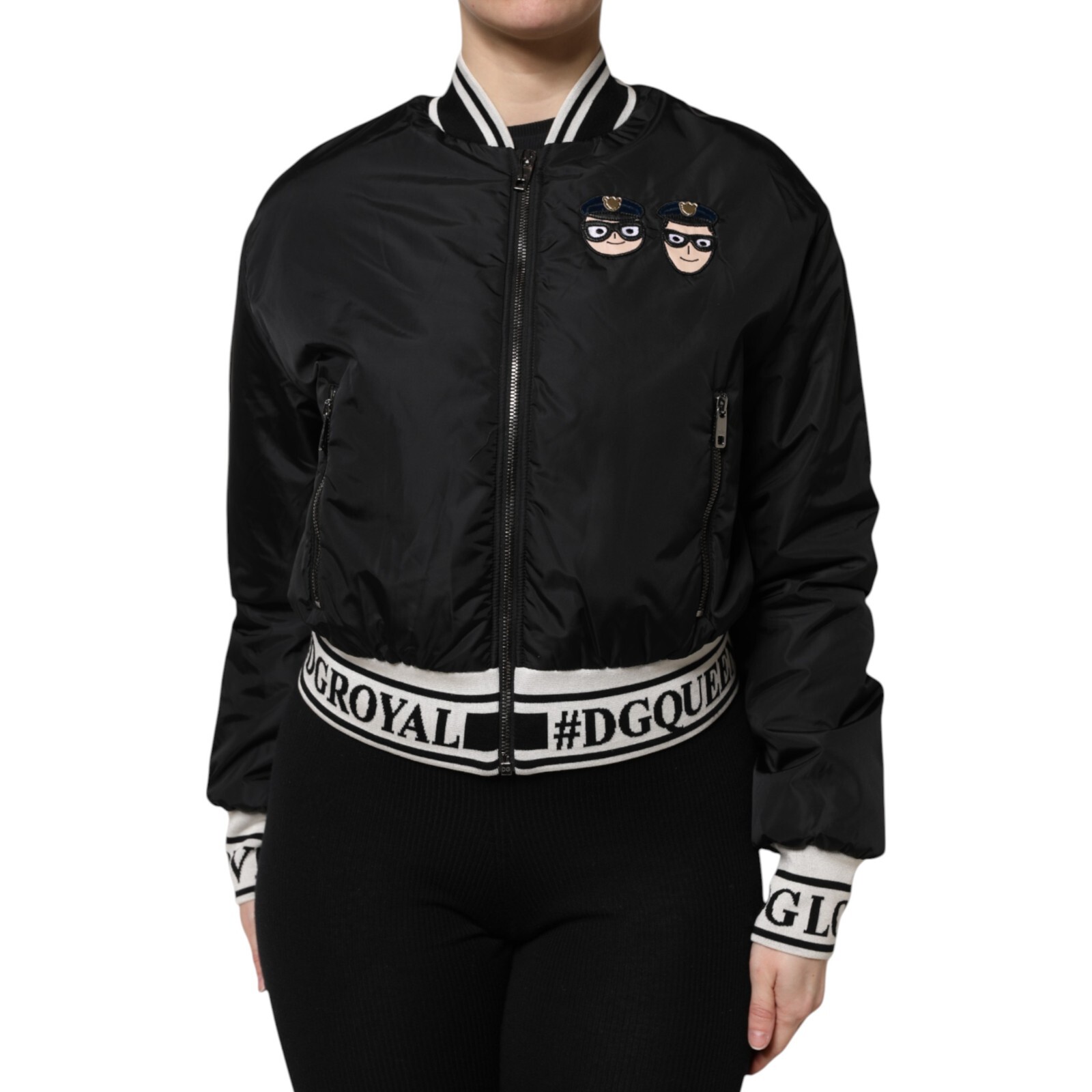 DOLCE&GABBANA ツィードジャケット ファー付き ブラック 38 DOLCE & GABBANA Jacket Black LeatherBlouson Full Zip Bomber